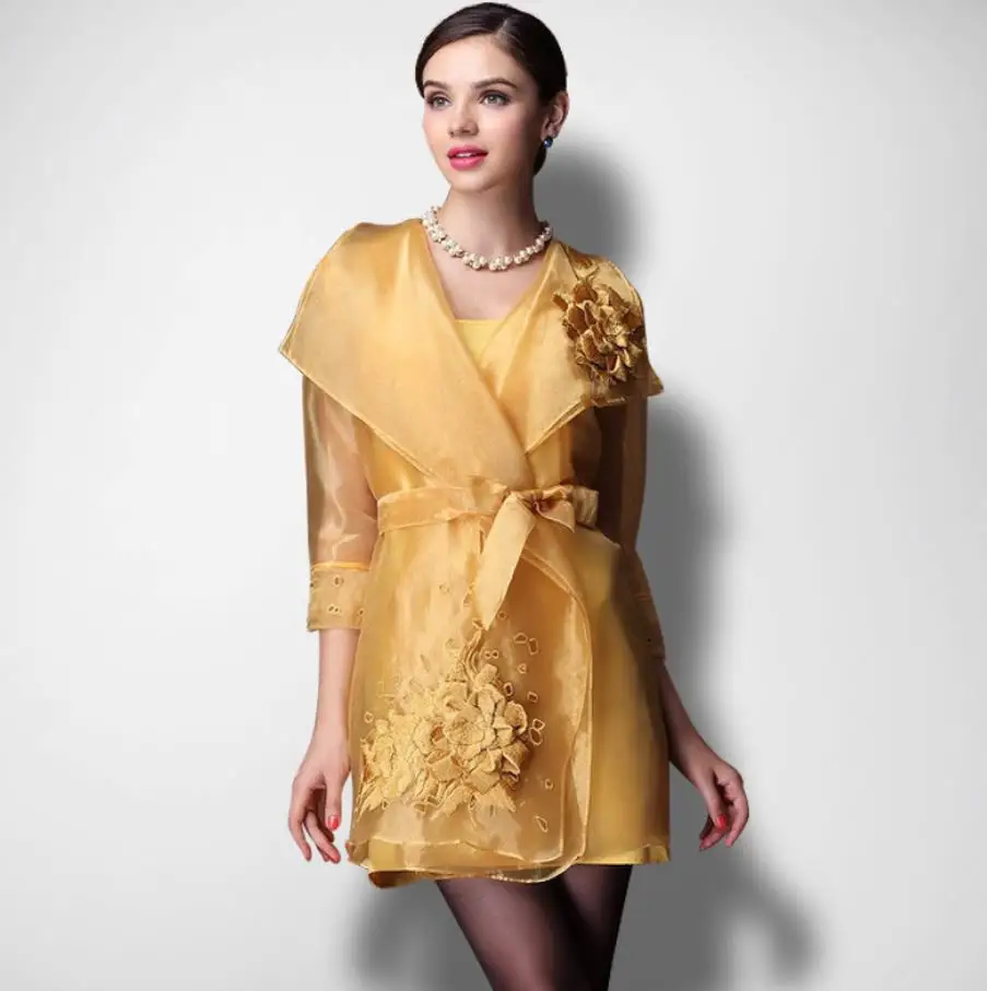 Высокое качество, Осенний элегантный длинный Тренч для подиума, Женский Тренч из органзы с вышивкой, платье a1416 - Цвет: yellow