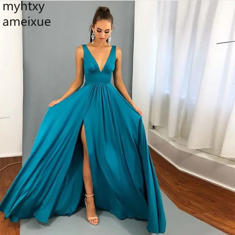 

Custom V-neck Teal Event Prom Dresses Sexy Front Split Sleeveless Vestidos De Fiesta Dress 2019 Hot Sale Formal Evening Party