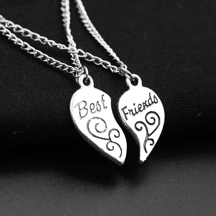 Image N368 Friendship Two Pieces Combination Alloy Metal Necklace Heart Shape Carved Pendent Necklaces Best Friends Girlfriends Gift