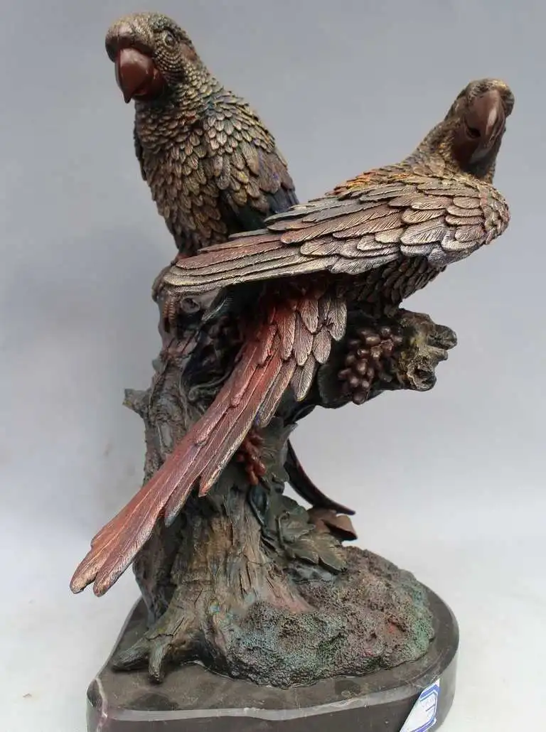 

14"Western ART Bronze Marble Double habitat parrot perch on the tree statue