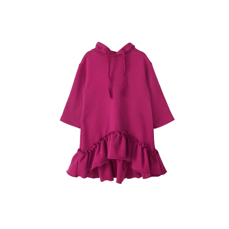 Флисовые платья-пачки для маленьких девочек г. Осень-зима, новые детские худи с оборками и длинными рукавами для девочек, платья плотное длинное пальто с капюшоном для девочек - Цвет: rose pink