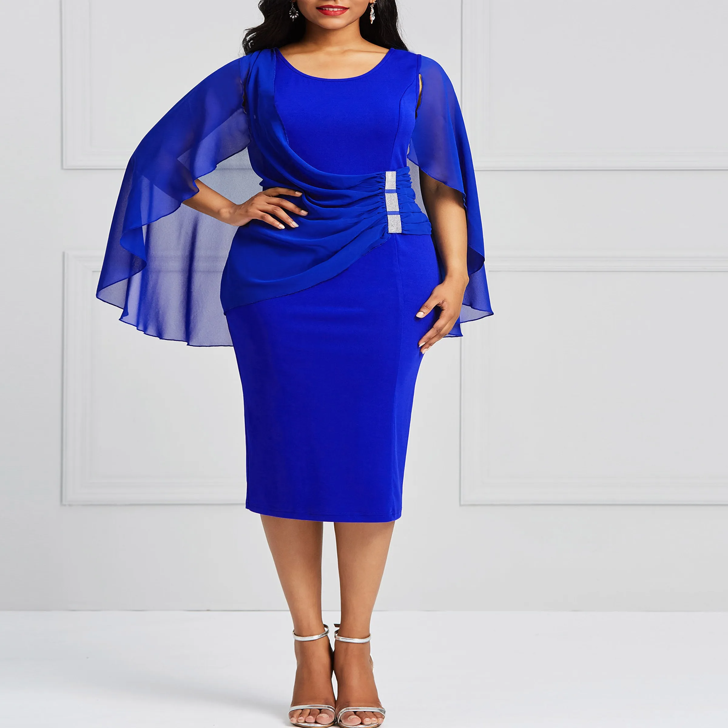 Синее женское платье большого размера, осень, облегающее платье-карандаш с рукавом летучая мышь, сексуальное летнее элегантное модное платье для вечеринки