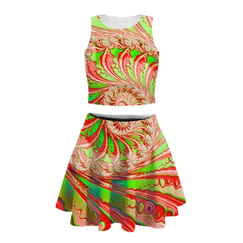

3d Print women geometric Retro tank top with short skirt high quality Bohemia abstract Short Skirt Cheerlead Dancing suits-4
