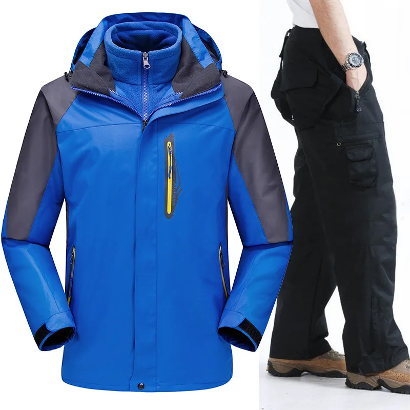 Зимний лыжный костюм для мужчин 3 в 1, куртки и штаны, водонепроницаемая ветрозащитная теплая одежда для сноуборда и катания на горных лыжах для мужчин - Цвет: Синий