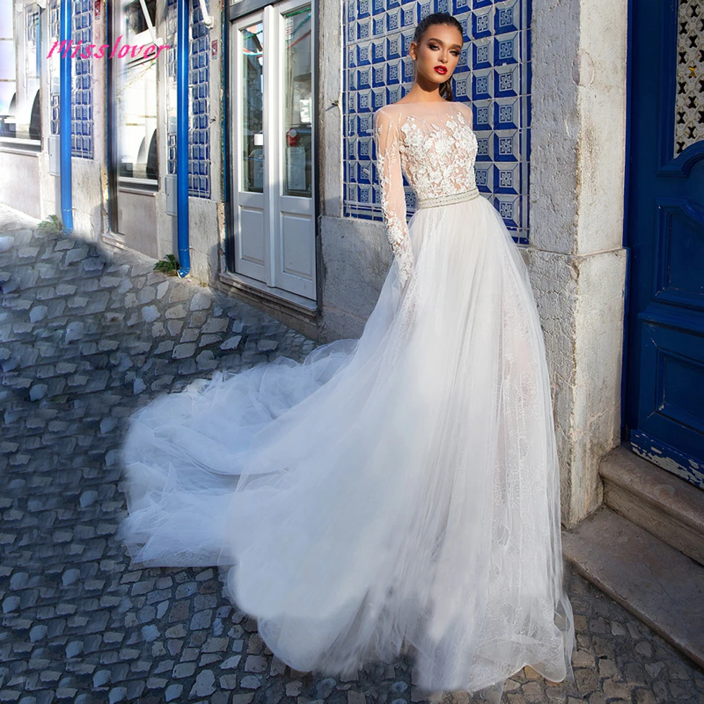 

Vestido de Noiva Luxury Crystal Beach Vintage Wedding Dresses 2019 Appliques Long Sleeves A-Line Bridal Gown Cathedral Train