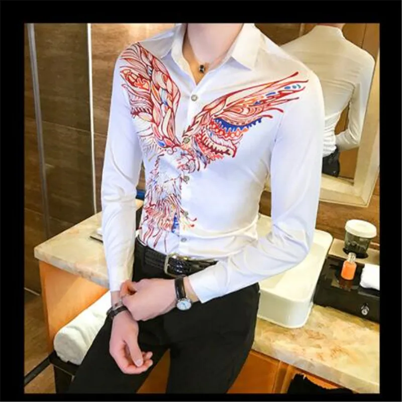 

Big Eagle Print Male Shirt Long Sleeve Club Party Event Shirt Men Oversize Chemise Homme Fashion Design Shirt Pattern Men