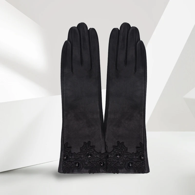 

Genuine Leather Gloves Female Spring New Fashion Lace Embroidery Rhinestone Black Woman's Sheepskin Gloves For Driving Z14047