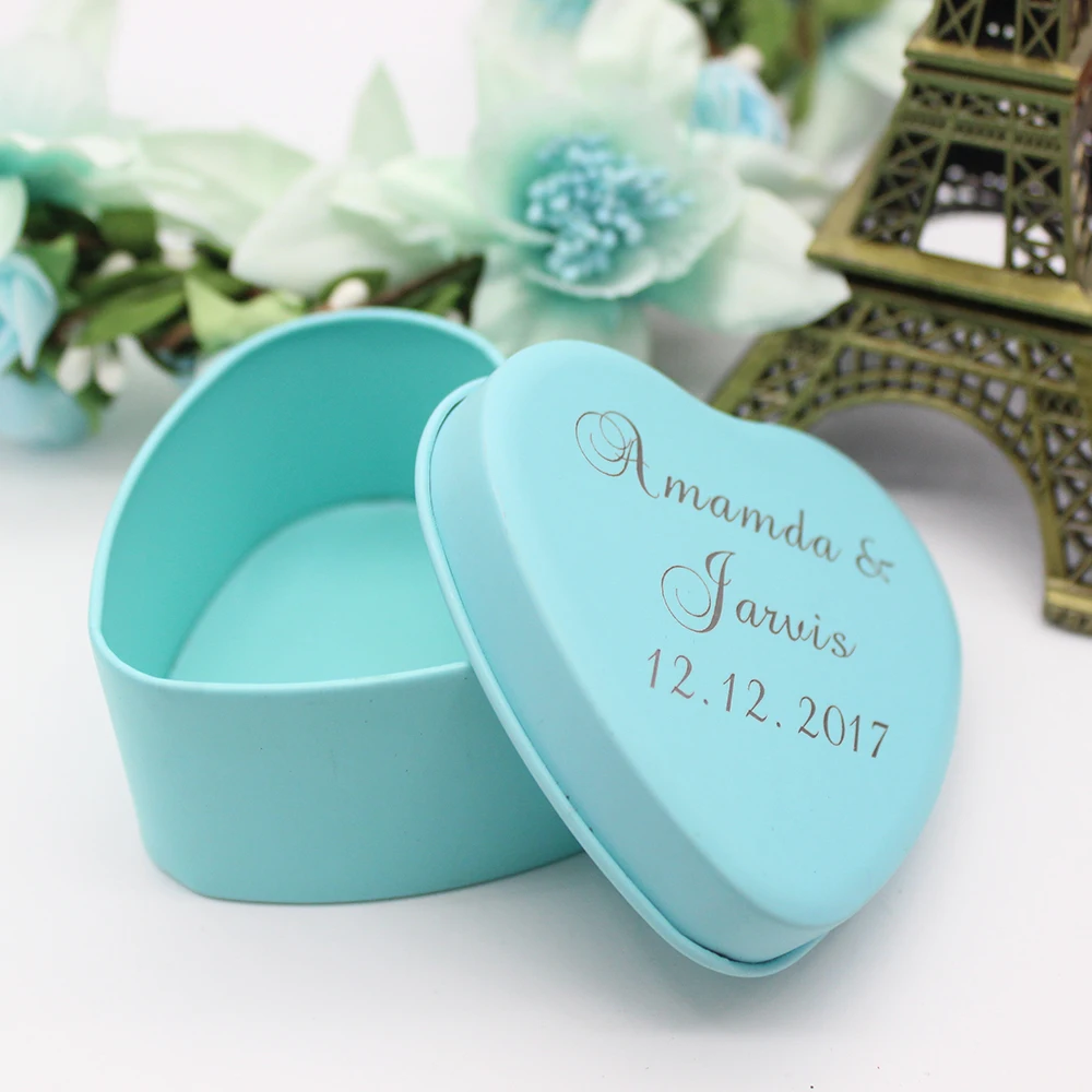 7,4*7,2*3,8 см 20 шт Персонализированные Выгравированные сердечки жестяные Свадебные гесст подарки коробки для конфет уникальные вечерние сувениры