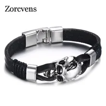 ZORCVENS, мужские браслеты из натуральной кожи с черепом, рок-панк, из нержавеющей стали, подвески, браслеты на запястье