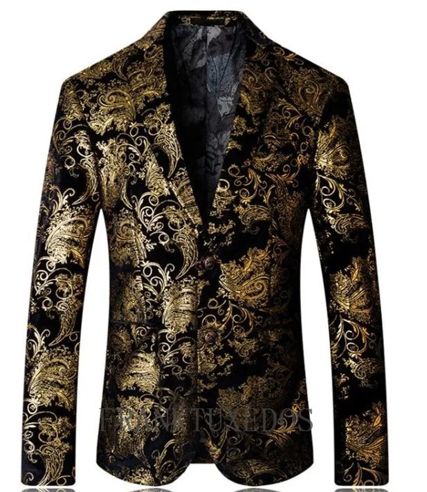 2018 Men Wedding Suit Printed Paisley Floral Black Gold Tuxedo Stage ...