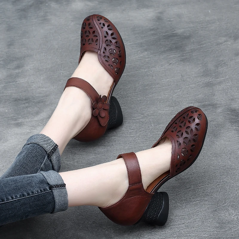 

Women Leather Sandals Embroidery 6 Cm High Heels Chunky Shoes Ladies Elegant Sandals Black Handmade Genuine Leather Women Sandal
