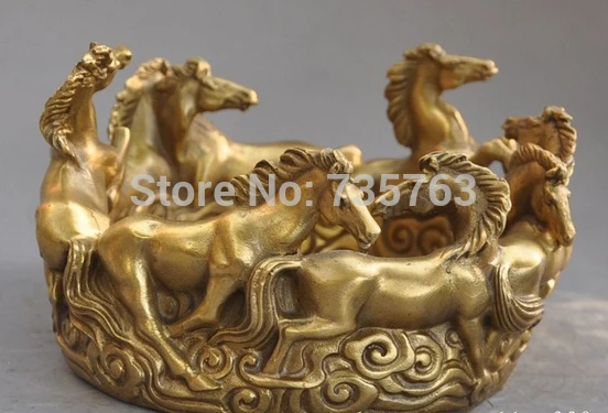 

001881 7" Chinese Folk Fengshui Brass copper Zodiac Animal 8 horse lucky statue Ashtray
