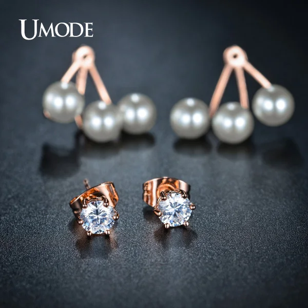 UMODE Cute Double Side Synthetic Pearl Stud Earrings With Jacket Fashion Brinco Rose Gold Color Jewelry for Women JE0255A