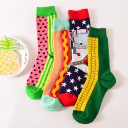 Счастливый арбуз кукуруза, еда печатные женские забавные носки красочные носки Harajuku длинные крутые платья хлопковые контрастные носки