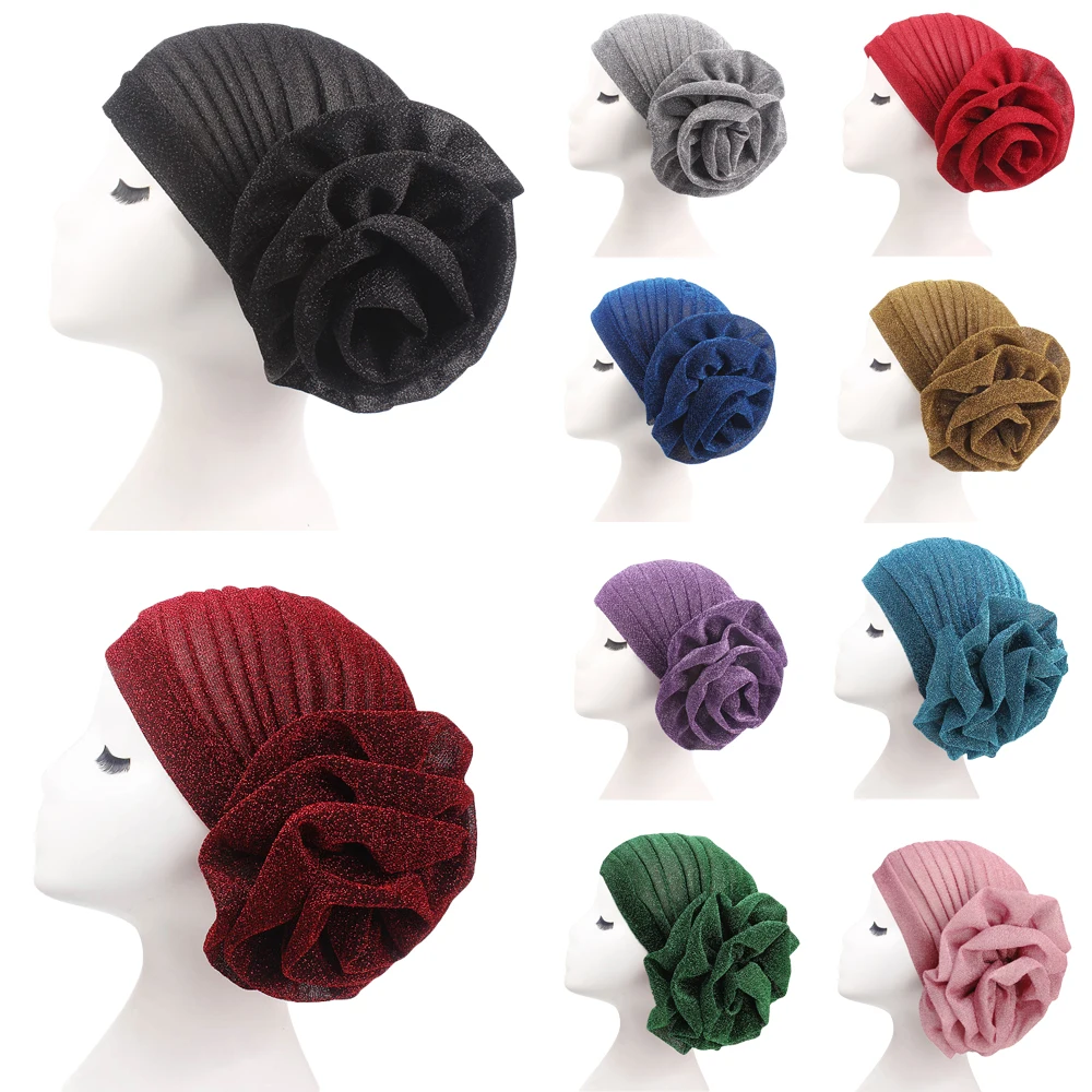

Women Hat Arab Indian Muslim Flower Hijab Headwrap Hat Headwear Islamic Turban Elastic Glitter Abaya Turban Inner Cap Bonnet New