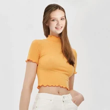 Для женщин контрастной трепал Отделка край водолазка футболка с короткими рукавами контрастный край вязаный короткий рукав укороченный Топы корректирующие