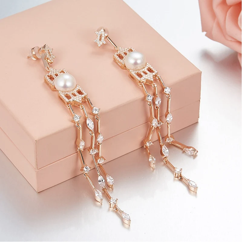 

Hot AAA Zircon Tassel Sun Pearl Dangle Earring 925 Sterling Silver Long Cuff Charm Freshwater Pearl Women Wedding Jewelry