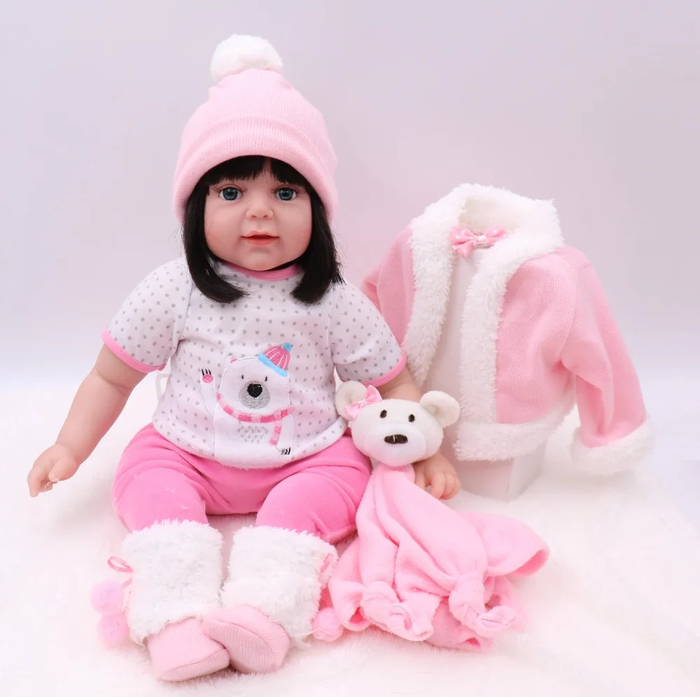 

Cute baby doll soft silicone vinyl newborn babies dolls with pink winter clothes set children gift toy bebe reborn 55cm