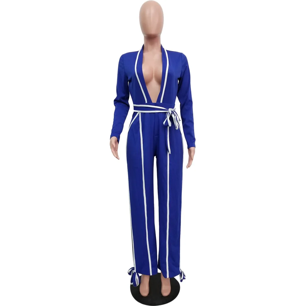 Adogirl White Trim Patchwork Women Jumpsuit Sexy Deep V Neck Long Sleeve Romper Side Slit Bow Tie Loose Pants Casual Overalls