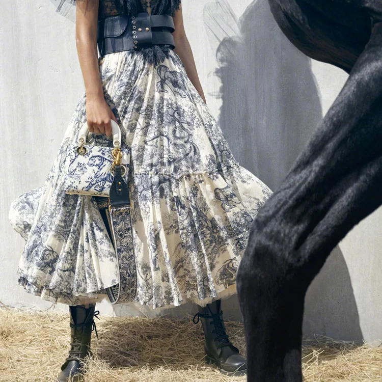 Женские модные хлопок печати дамы цвет: черный, синий Вечерние Повседневная Юбка взлетно посадочной полосы юбка в стиле бохо