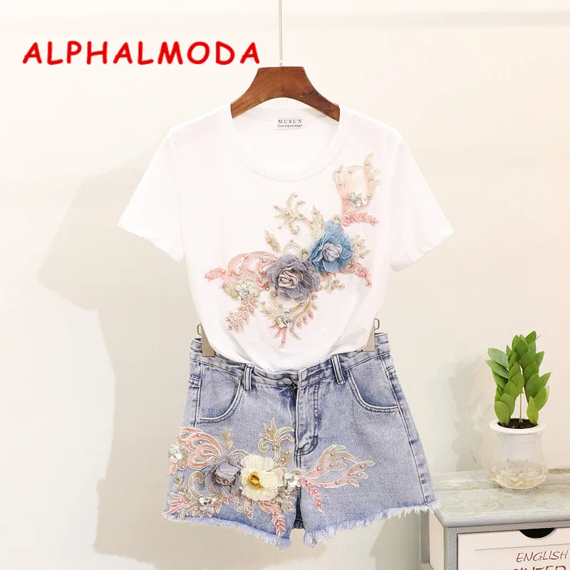 

ALPHALMODA 2019 Summer Embroidery Beaded Flower Heavy-work Tshirt + Denim Shorts Women Two Piece Outfits Matching Set