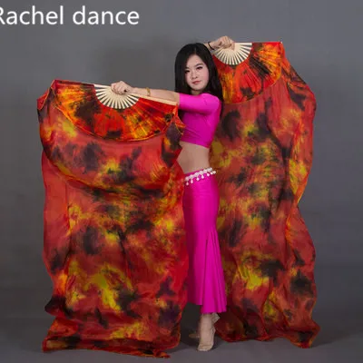 Китайский настоящий шелк, Восточный танец, градиент, огненный веер, танец живота, сценическое представление, свойства, танцевальный веер, много цветов, 1 пара - Цвет: as the picture