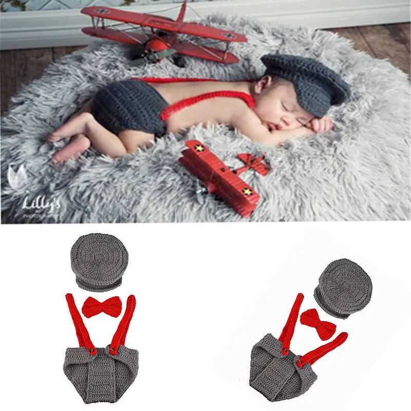 1 Set Newborn Photography Props Baby Boys Pilot Cap Crochet Knit Costume Outfits Fotografia Clothes Accessories | Детская одежда и