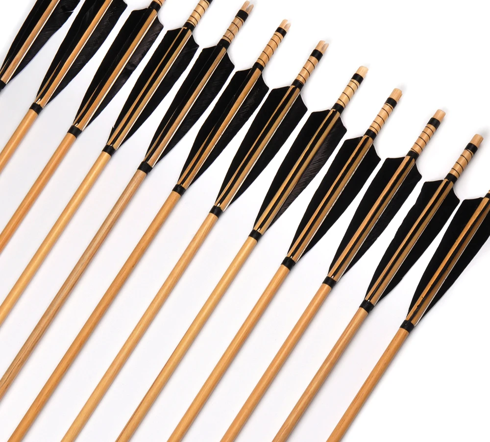 Setas de Madeira com Pontas de Setas e Perus Pena para Recurvo 85cm Espinha 500 Pretos Longbow Caça Tiro 6 - 12 24 Pçs 19 Cheap Arco e flecha