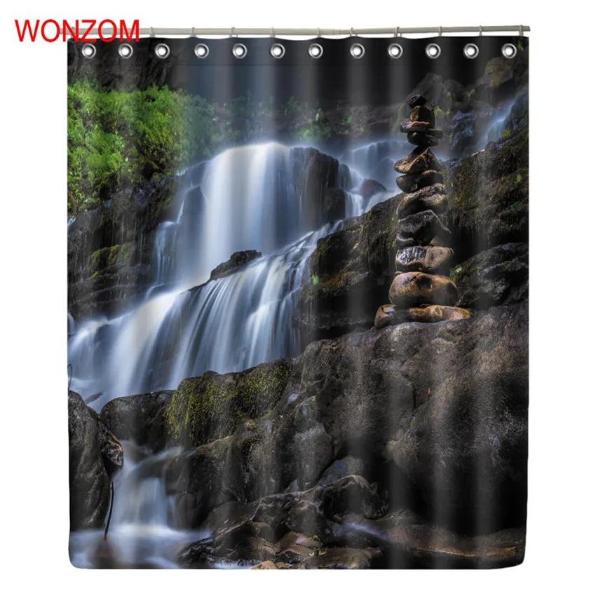 

WONZOM Waterfall Shower Curtains For Bathroom Decor Modern Landscape Bath Waterproof Curtain with 12 Hooks Bathroom Accessories