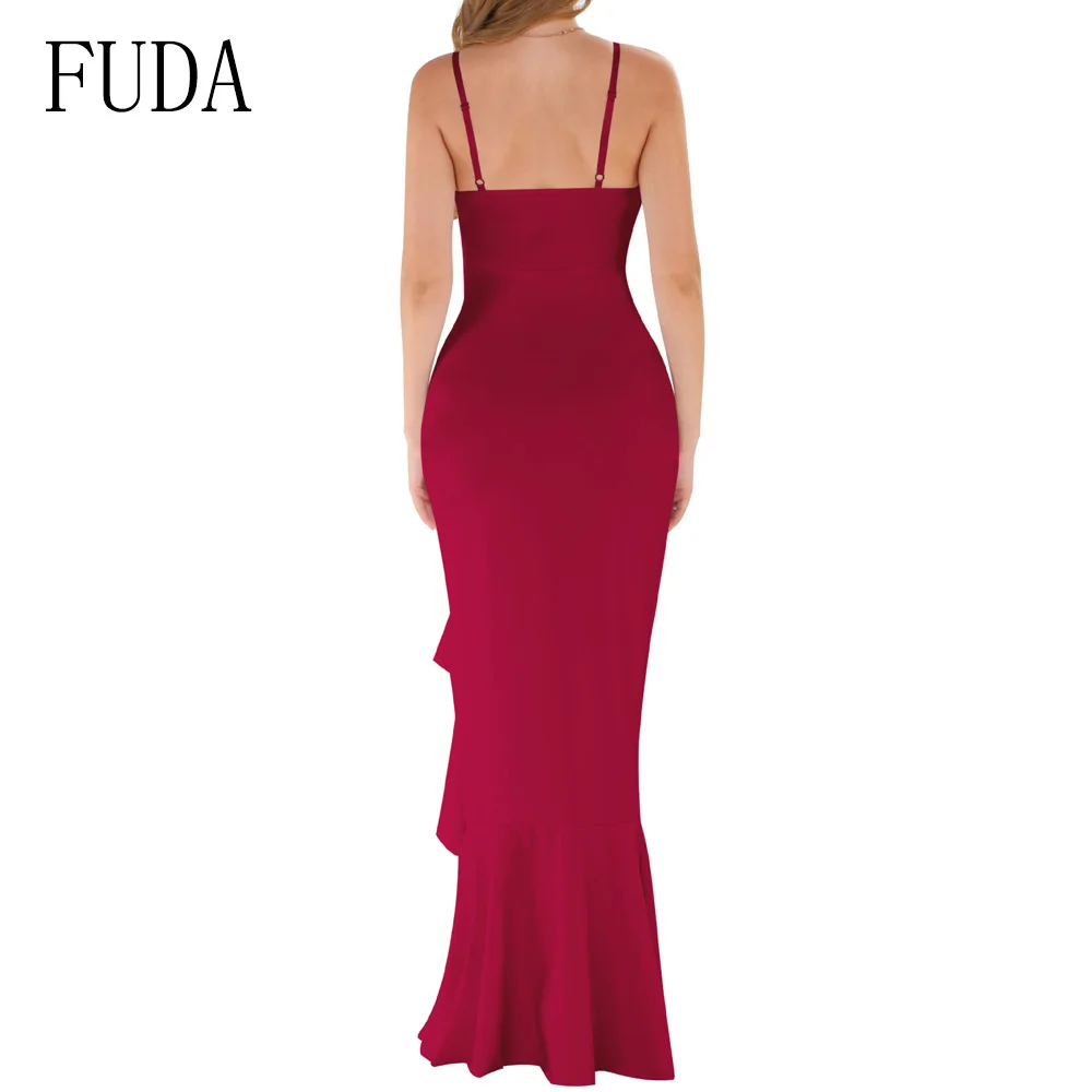 FUDA Sexy Spaghetti Strap V Neck Sleeveless Pencil Maxi Dress Elegant Ruffles Bodycon Bandage Dress Women Celebrity Party Wear