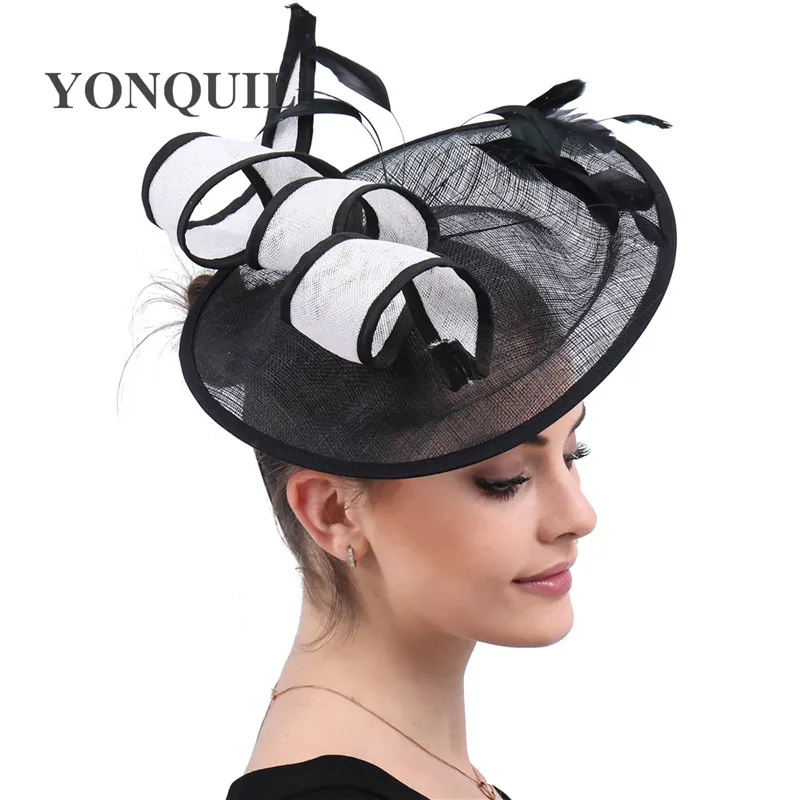 Black Kentucky Derby Fascinator Hat For Women White Flower Sinamay Ladies Hats Wedding Party Cocktail Headwear Female Headbands womens kentucky derby sinamay fascinators wedding church racing hats headband headpiece t444