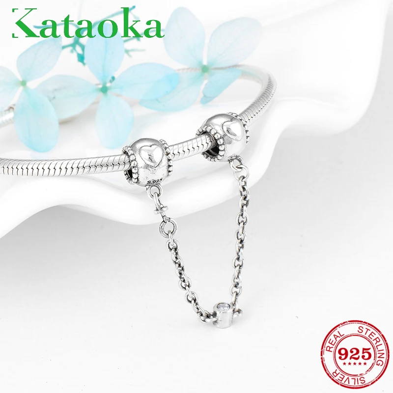 

2018 fashion Lovely Safety chain charm beads sweet heart 925 Sterling Silver Fit Original Pandora Charm Bracelet Jewelry making