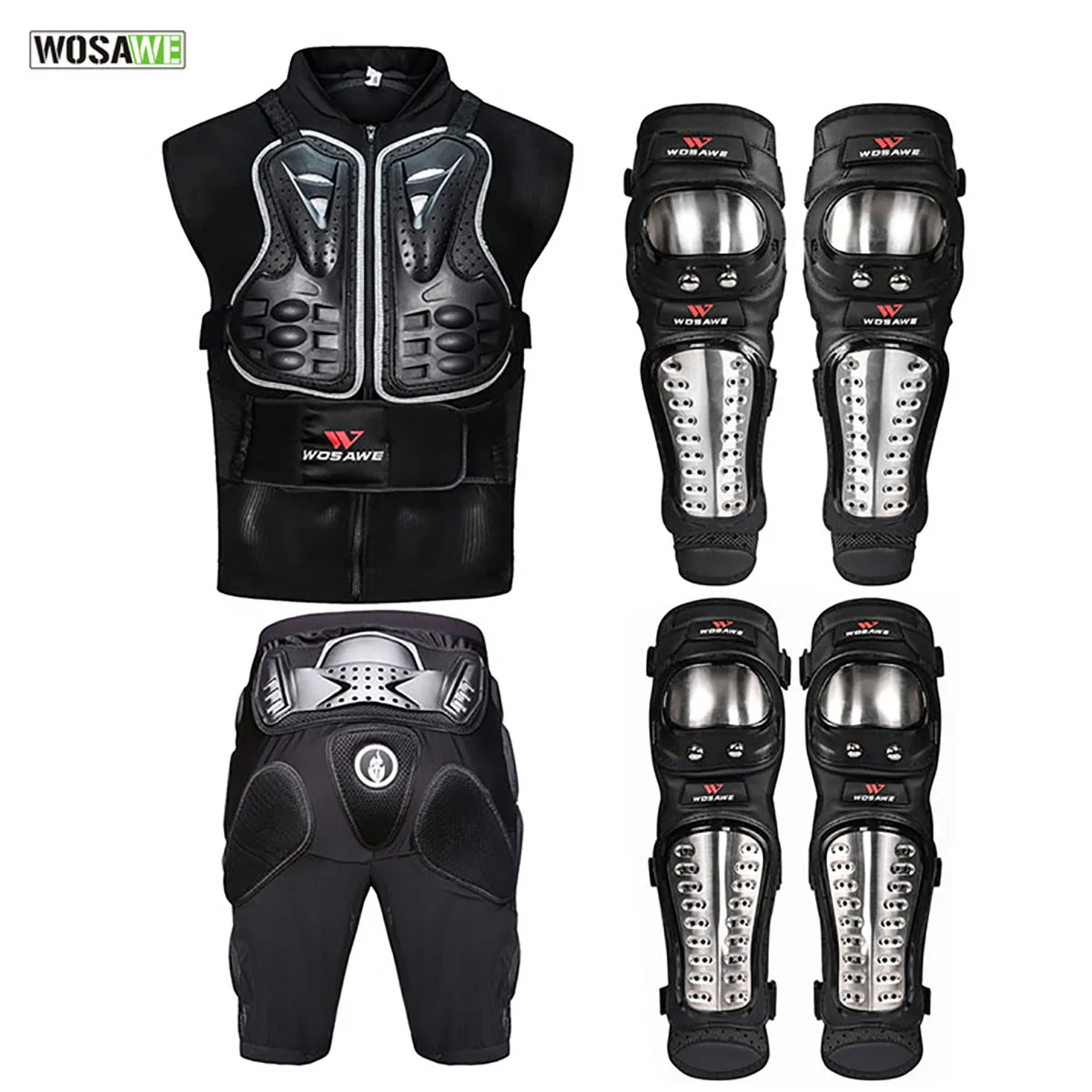 

WOSAWE 6PCS Motorcycle Jackets Hip Pad Motocross Body Armor back support Metal Knee pad Short Pants elbow Pad Motorcycle Armor