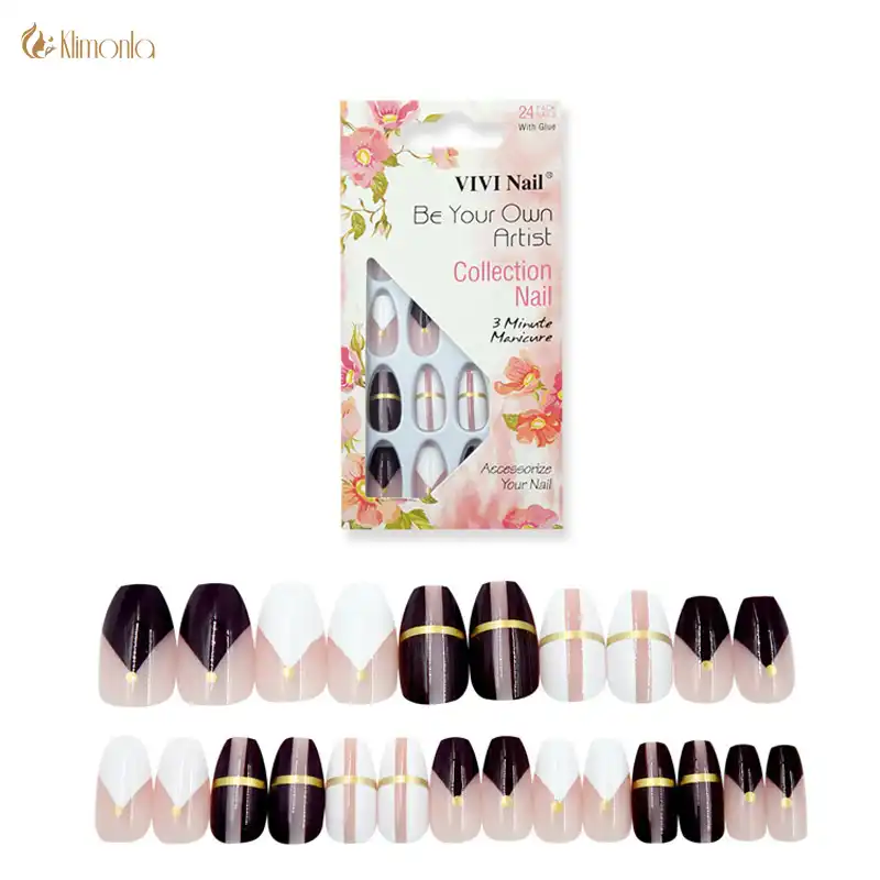 24pcs Set Golden Ribbon Design Nep Nagels Daily Style Coffin Fake Nails Free Glue Diy Full Wrap False Nail Art Tips For Girls Aliexpress