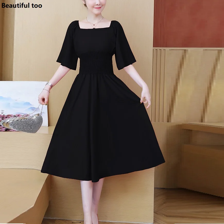 

Women Dress pleated Plus Size L-5XL Summer Print Casual Elegant Ladies Midi Chiffon Black Red Dresses Vintage Loose Beho Vestido