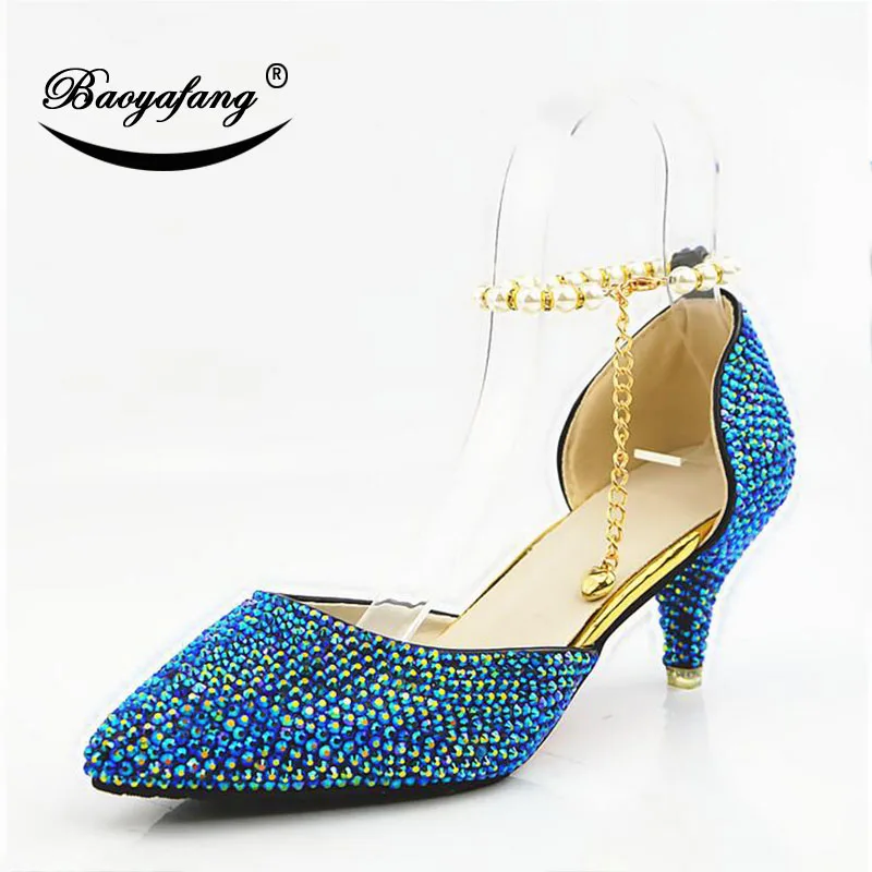 

2019 New arrival Pointed toe Womens wedding shoes 6cm woman crystal party dress shoes royal blue fashion lace shoes