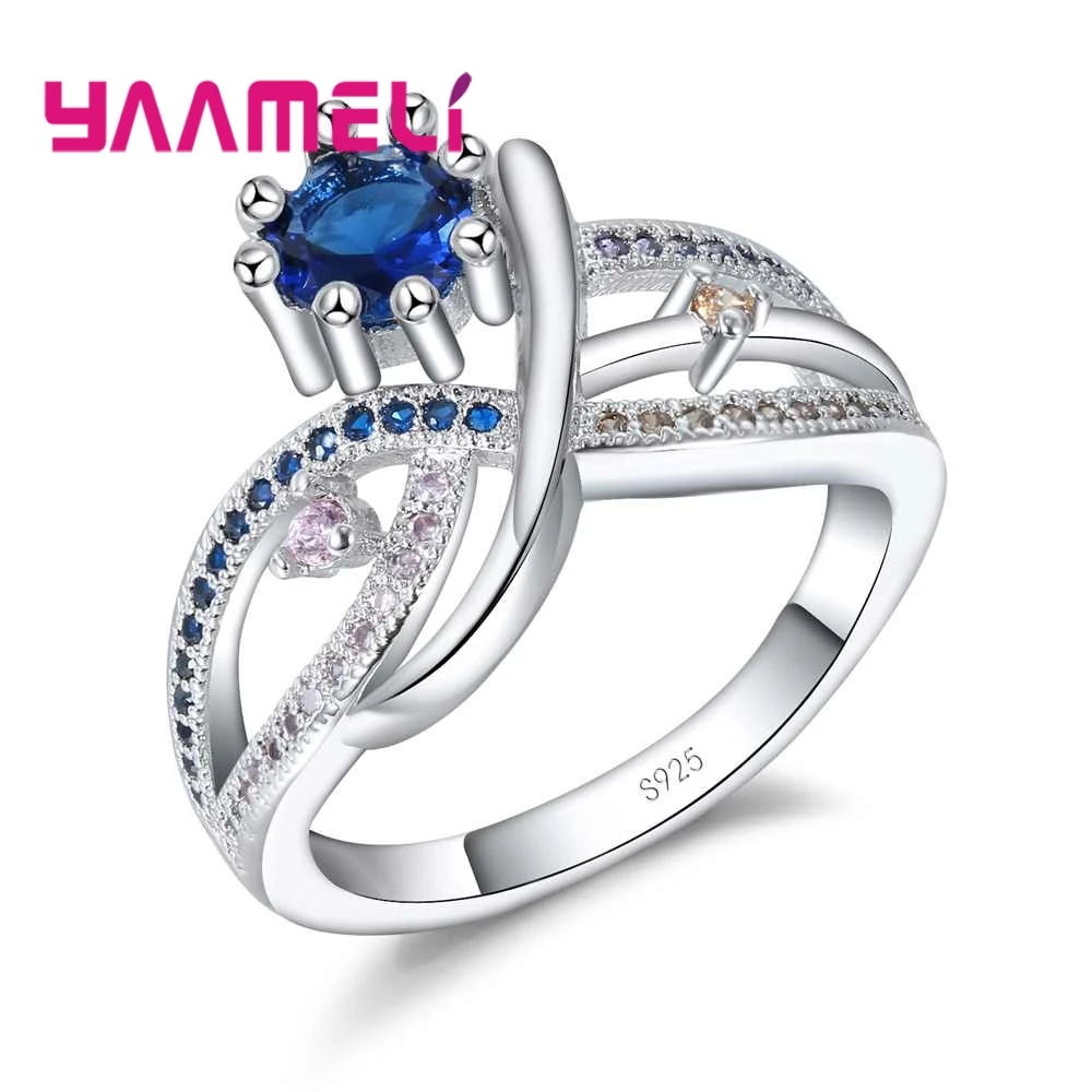 Hollow Cross Design Finger Rings Blue Pink Brown Rhinestonefor Women Wedding Jewelry 925 Sterling Silver | Ювелирные украшения