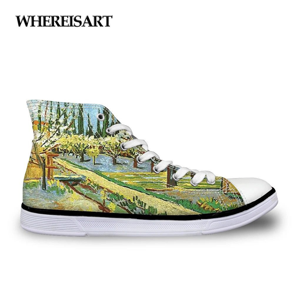 

WHEREISART Spring Summer Scenery Print Women High Top Canvas Shoes Casual Vulcanize Flat Shoes Female Lacing Shoe Zapatos Mujer