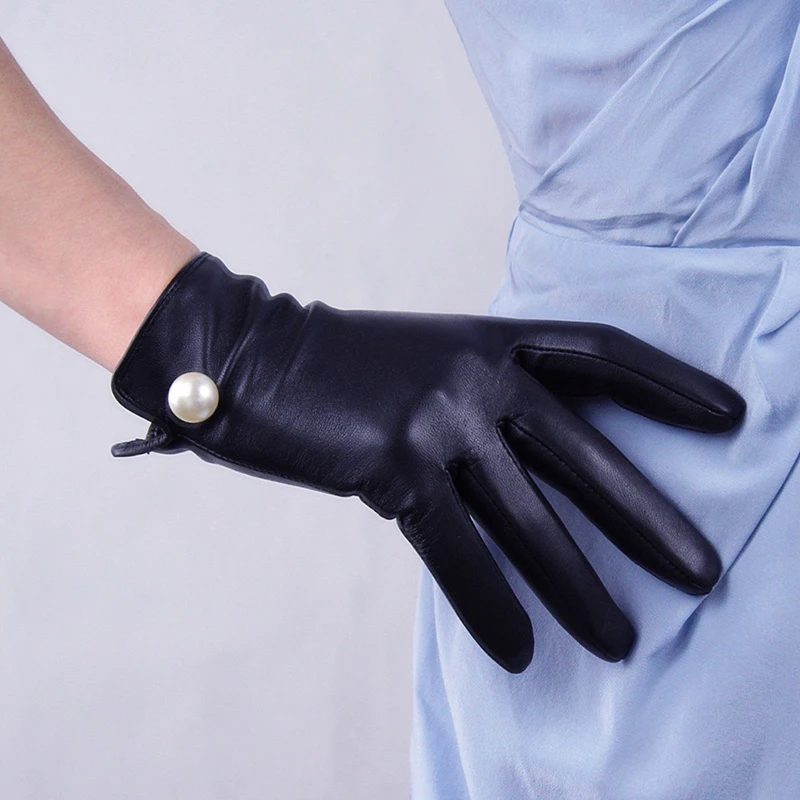 Сенсорный экран Для женщин натуральная кожа перчатки женский овчины жемчужно-белые модные черные вождения варежки тонкие бархатные