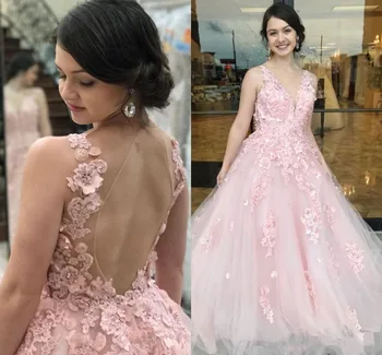 

New Coming Tulle A-line Evening Gowns with 3D Floral Appliques Beading Backless Deep V-Neck Customzied Prom Dress For Adult Long