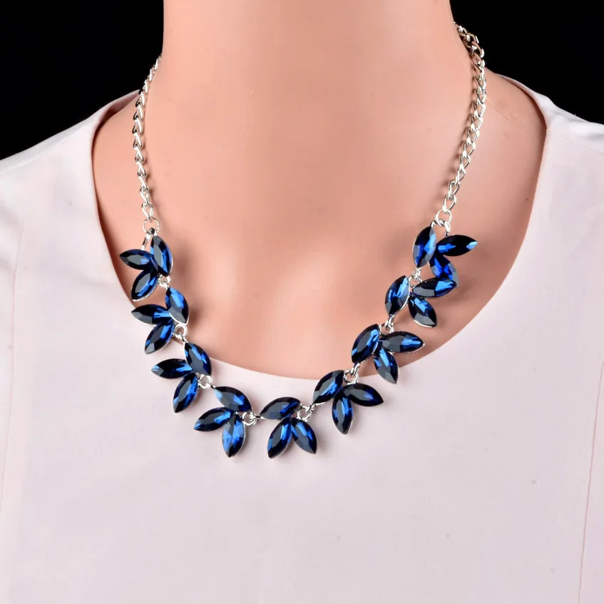 

SINLEERY Luxury Blue /White Cubic Zirconia Leaf Choker Statement Necklace Women Silver Color Chain Wedding Jewelry Xl762 SSK