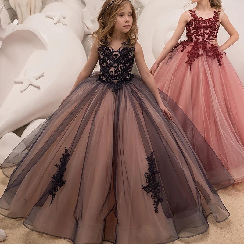 Первое причастие Пром вечерние платья v-образным вырезом кружева аппликации бальные платья для девочек в цветочек платья принцессы на день
