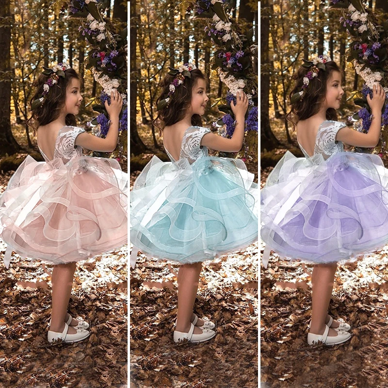 Платье с v-образным вырезом на спине, кружевное платье с цветочным рисунком для девочек на свадьбу платье для церемонии, для девочек, детская одежда в стиле «многослойный пирог» бальное платье Детские платья для девочек Размеры возраст 4-10 лет