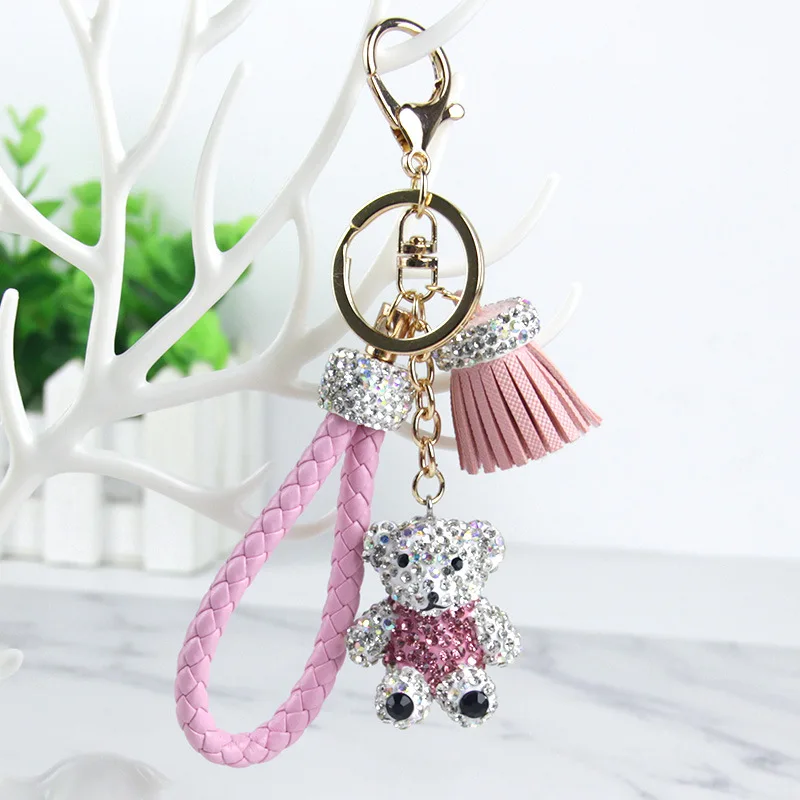 

Cute Rhinestone Bear Doll Keychain Crystal Leather Wrist Rope Tassel Key Chain Porte Clef Llaveros Key Ring Bag Charm Pendant
