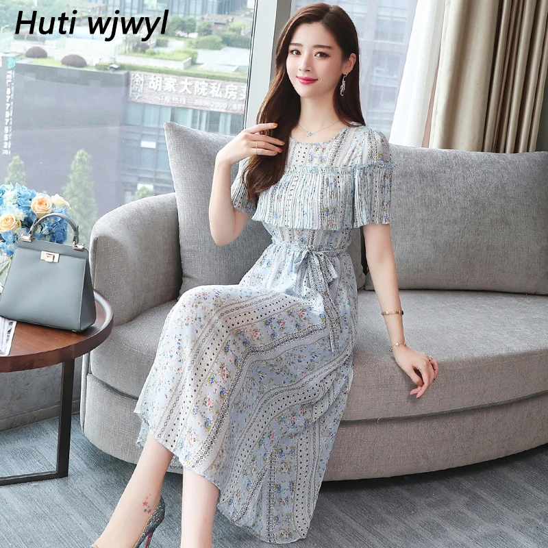 

2019 Plus Size Summer Vintage Floral Chiffon Boho Sundress Korean Elegant Women Midi High Strert Dresses Casual Beach Vestidos