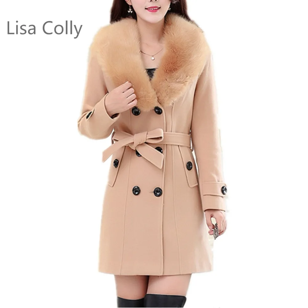 Lisa Colly плюс 5xl новое зимнее пальто куртка женская с длинным рукавом меховой воротник двубортное шерстяное пальто теплая верхняя одежда