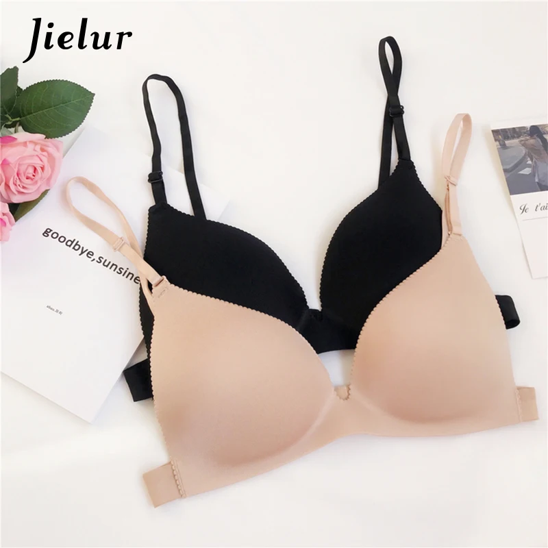 

Jielur Summer New Sexy Seamless Bra Gather Push Up Underwire Black Casual Crop Solid Color Tops BH Bras Strap Lingerie Dropship