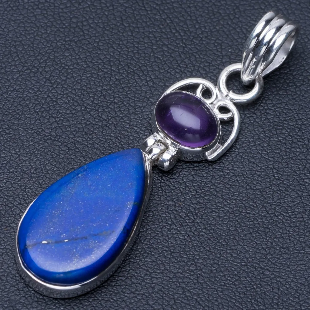 

Natural Lapis Lazuli and Amethyst Punk Style 925 Sterling Silver Pendant 2" Q0335