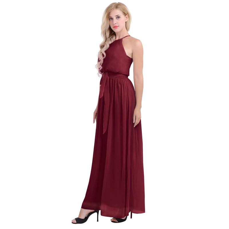 Vestido de Dama de Honra Festa de Casamento sem Mangas Vestido de Baile de Formatura Vestido de Comprimento Mulheres Senhoras Elegante Chiffon Longo Halter Completo 5 Vestidos de Madrinhas