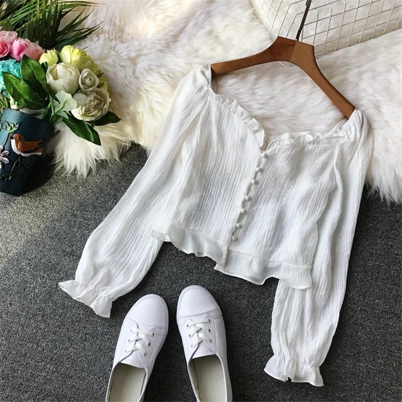 

2018 New Spring Autumn Women Lantern Sleeve Blouse Sexy V-Neck Button Blouses Ruffles Female Long Sleeve Shirts Short Tops A1222